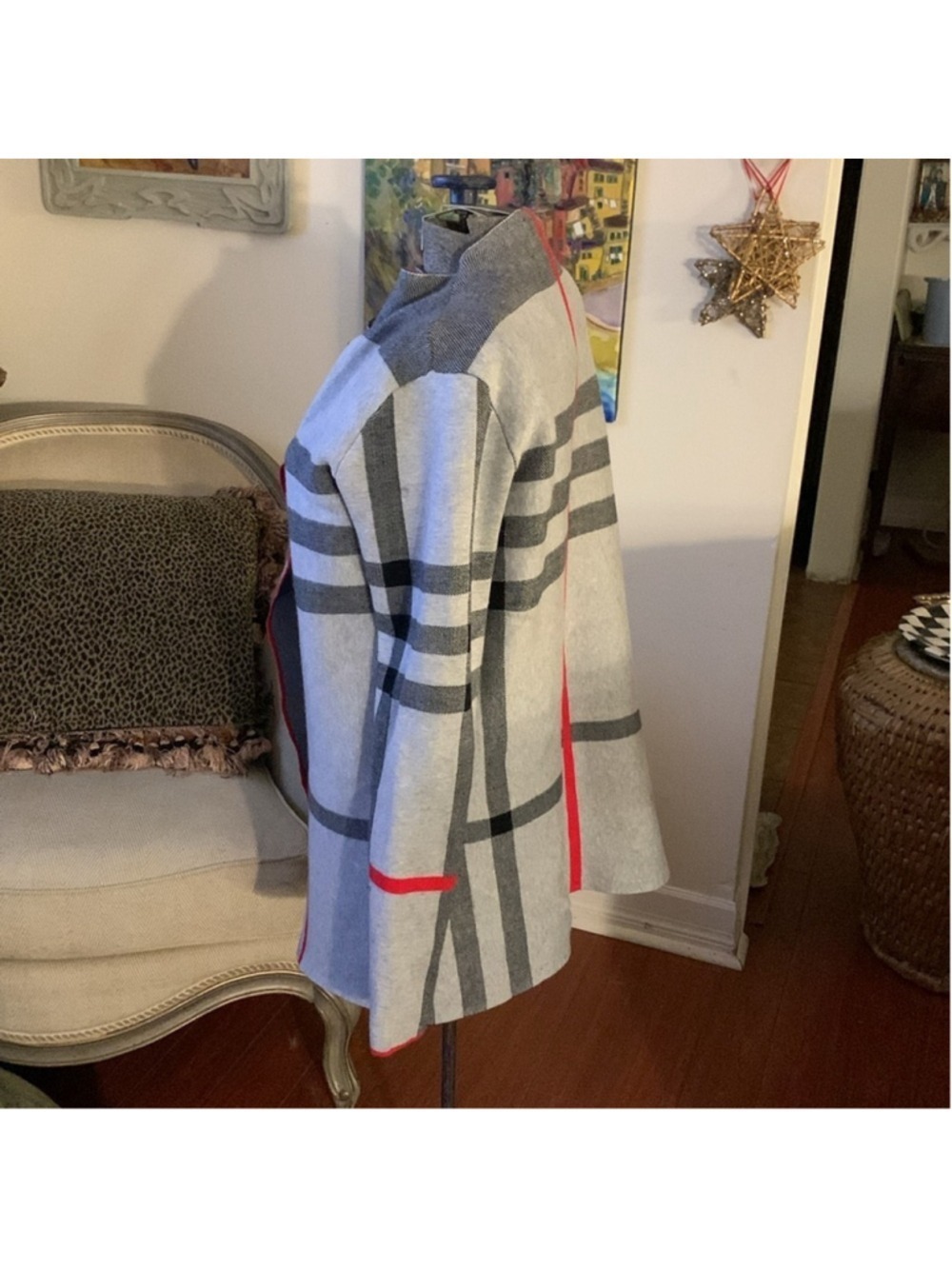 Alison Sheri plaid grey, red and black shacket/shardigan cardigan small - Picture 5 of 12